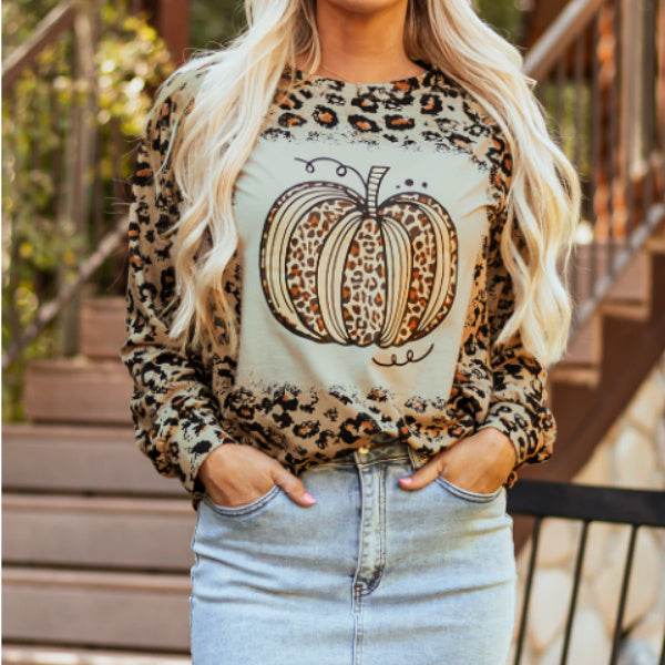 Brown Bleached Halloween Pumpkin Leopard Print Sweatshirt - Velora