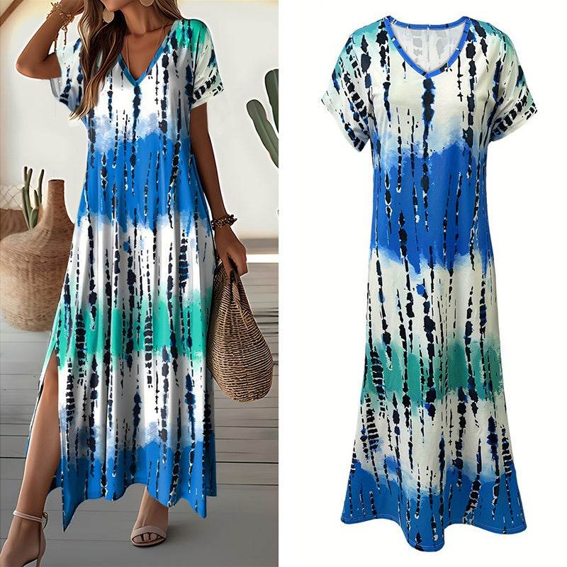Women's Summer Tie Dye Maxi Dress Short Sleeve V Neck Casual Loose Long Split Dresses - Velora