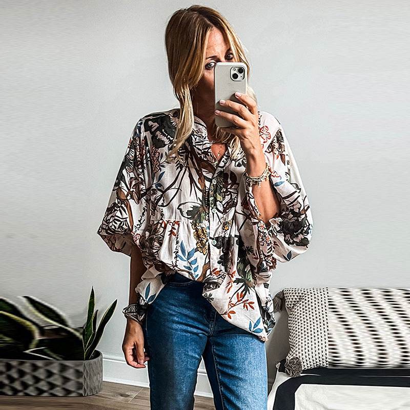 Spring Summer All-match Floral Print loose Linen blouse Shirt For Women - Velora