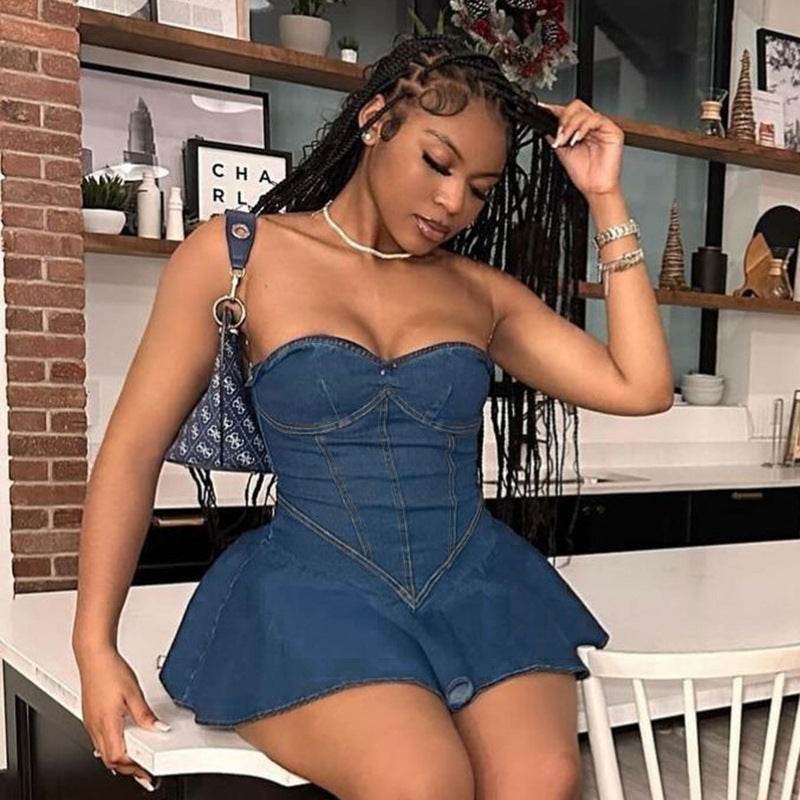 Fashion Tube Top Denim short mini Dress for Club - Velora