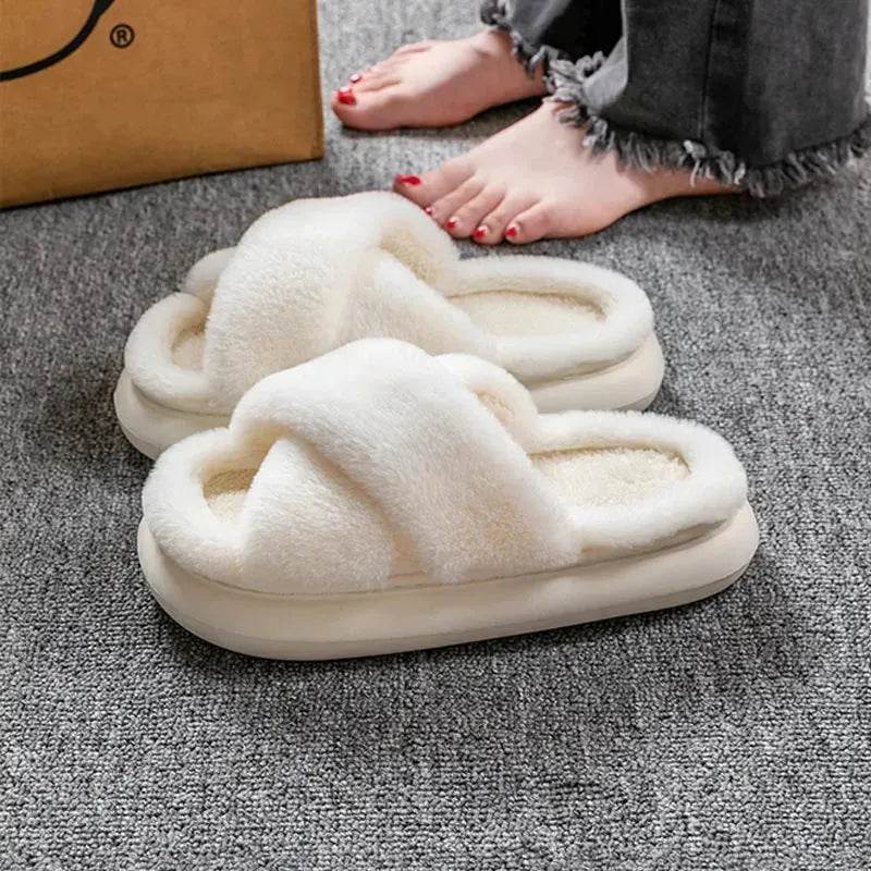 Women's Platform Fuzzy Home Slippers Winter Open Toe Criss-cross Solid Color Casual Floor Slides Indoor Flat Comfy House Shoes - Velora