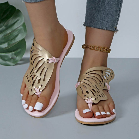 Fashion Hollow Butterfly Flip-Flops Summer Sandals For Women Casual Beach Shoes New Low Heel Flat Slides Slippers - Velora