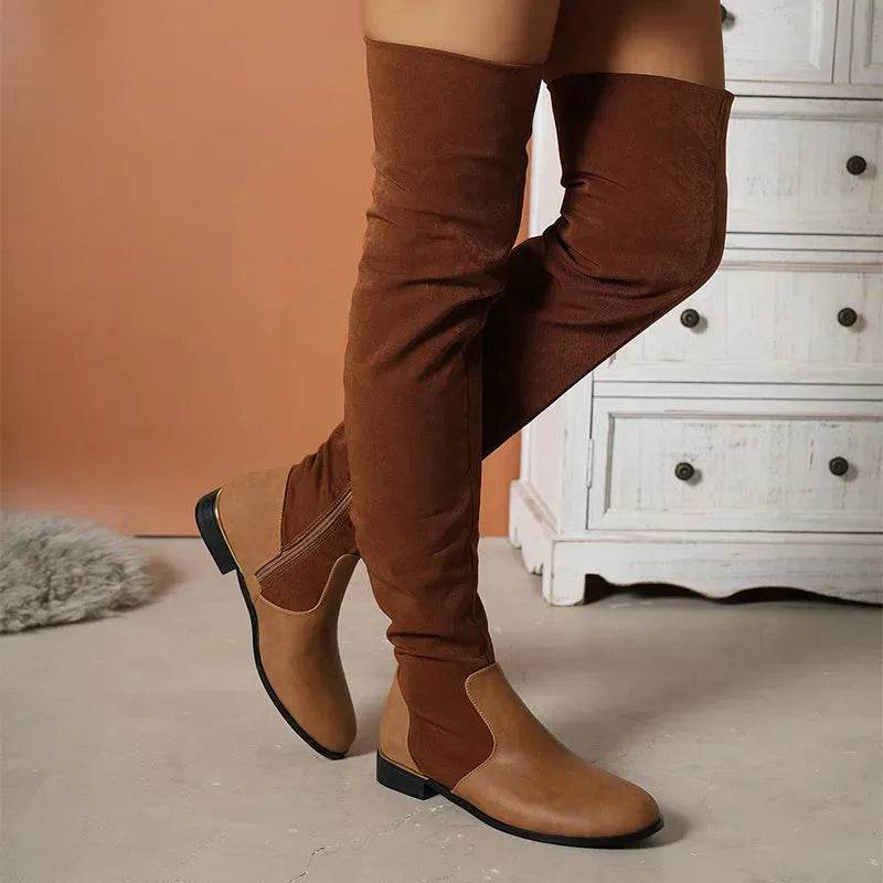 Fashion Over-the-knee Boots For Women Suede Stitching Low-heeled Long Boots With Side Zipper Design Party Shoes Winter - Velora