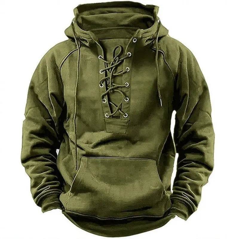 Men's Outdoor Retro Lace-up Hooded Long-sleeved T-shirt Casual Pullover top sweatshirt