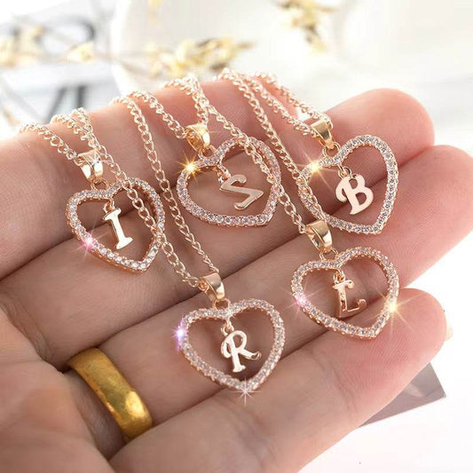26 Letters Heart-shaped Zircon Pendant Necklace Stainless Steel Gold Color Chains Jewelry Birthday Gift For Women - Velora
