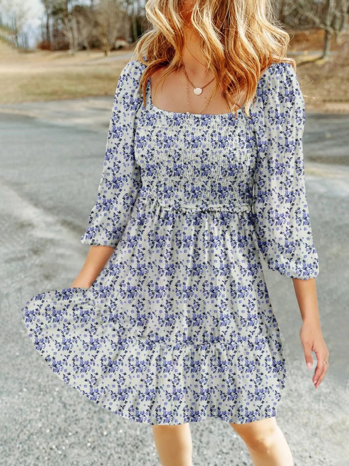 Floral Smocked Square Neck Mini Dress - Velora