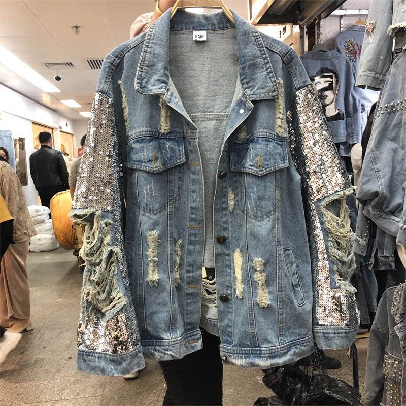 Street Fashion Heavy Industry lose Ripped Sequined Sleeve Denim Jacket Women - Velora