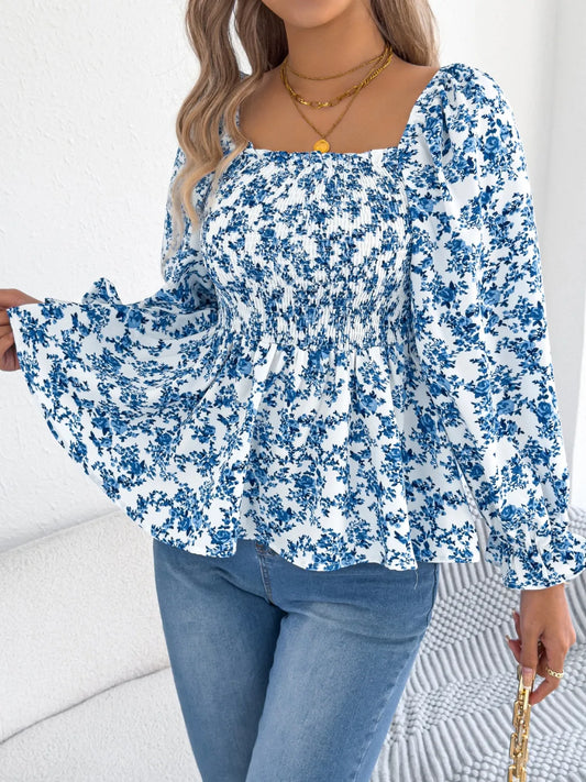 Floral Square Neck Flounce Sleeve Blouse - Velora