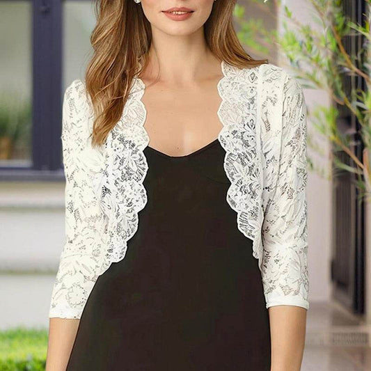 Women's Solid Color Cropped Lace Cardigan - Summer Fashion Medium-Long Sleeve Open Front Top - Velora