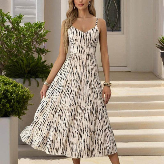 Women's Striped V-Neck Backless Tie Strap Beach Dress - Sexy Elegant Summer Maxi Dress - Velora