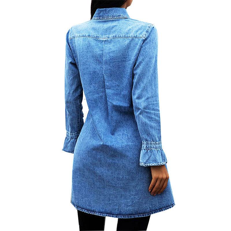 Long Sleeve Denim Button down Mini Dress Fashion Jeans Dress Women - Velora