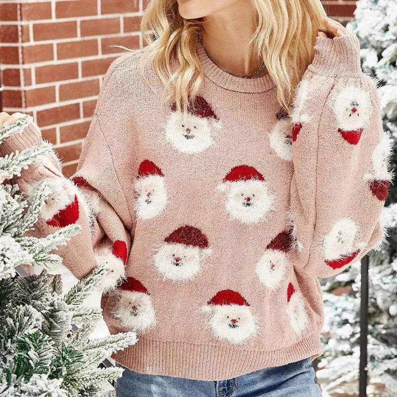Christmas Sweater Women Cute Cartoon Santa Print Knit Sweater Winter Tops - Velora