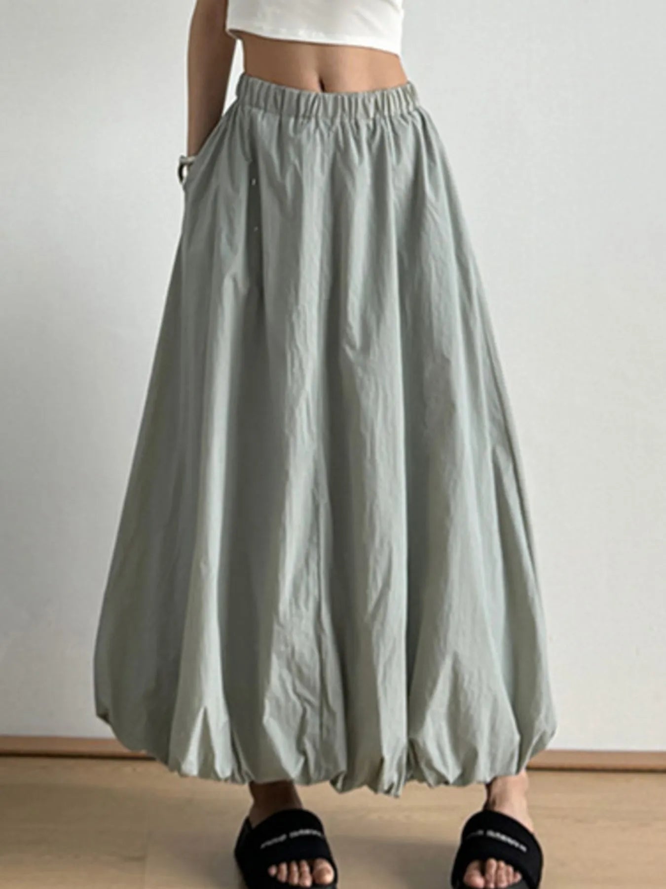 Elastic Waist Bubble Hem Maxi Skirt - Velora