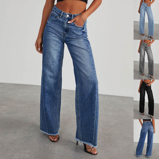 Fashion High Waist Jeans With Pockets Comfortable Slim Fit Straight Wide-leg Pants Womens Clothing - Velora