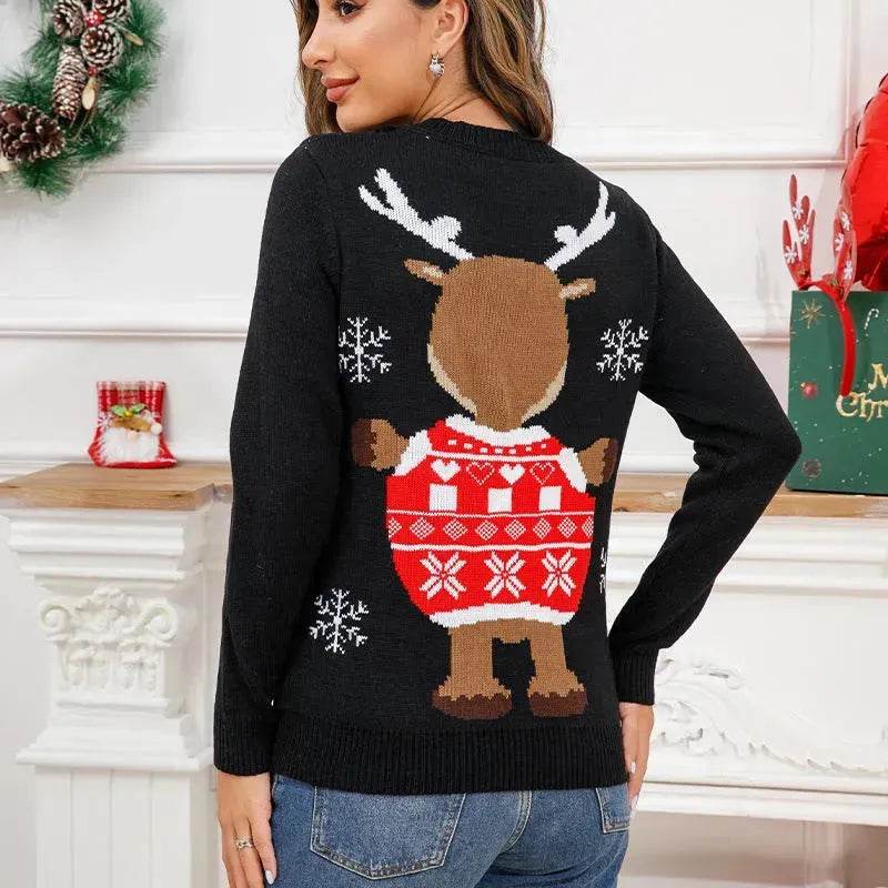 Funny Deer Christmas Sweater Round Neck Pullover Women - Velora