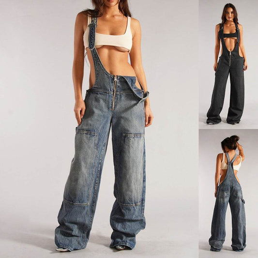 Y2K Zipper Denim Overalls With Pockets Fashion Loose Suspender Jumpsuit Streetwear Jeans Pants Womens Clothing - Velora