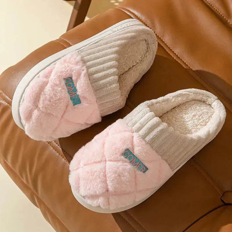 Solid Rhombic Letter Home Slippers Winter Warm Non-slip Floor Bedroom Plush Slipper For Couple House Shoes Women Men - Velora