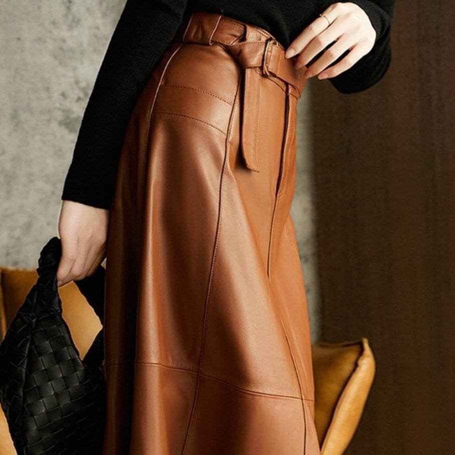 Fashion Retro All-match A- Line High Waist Formal Office Work Midi Faux Leather Skirt - Velora
