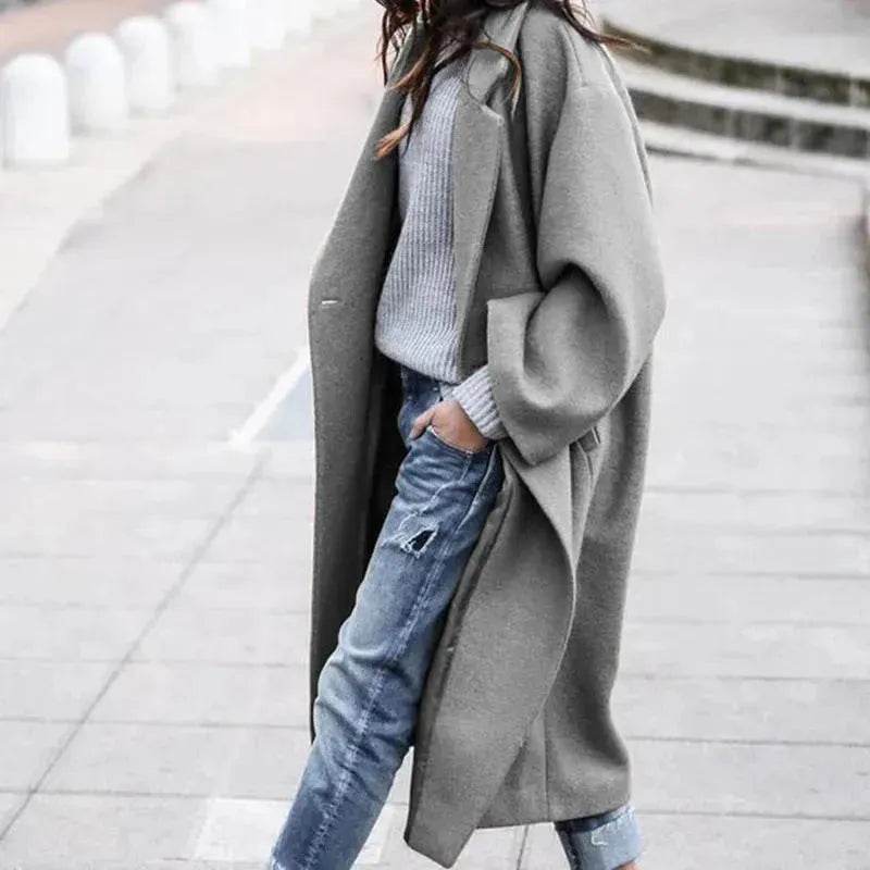 Lapel Single Breasted Women Winter Solid Woolen Trench Coat Long Jacket - Velora