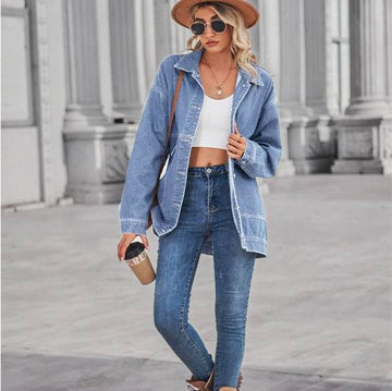 Loose Denim Jacket – Medium Length Cotton Streetwear