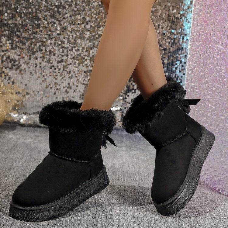 Winter Snow Boots With Bowknot Fashion Round Toe Flat Thickened Suede Cotton Shoes For Women Casual Warm Plush Short Boot - Velora