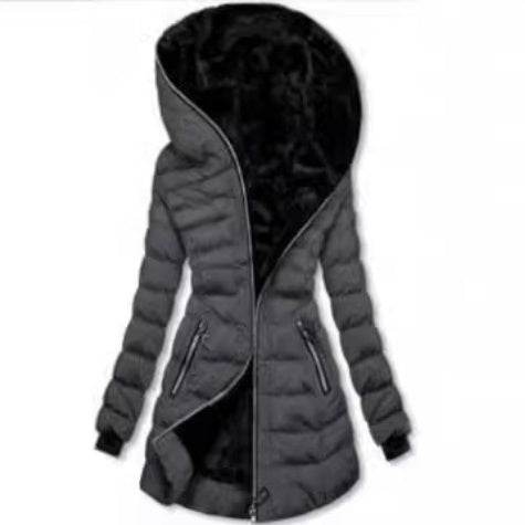 Hooded Warm Fleece Padded Jacket Mid-length Jacket Black Padded Jacket - Velora