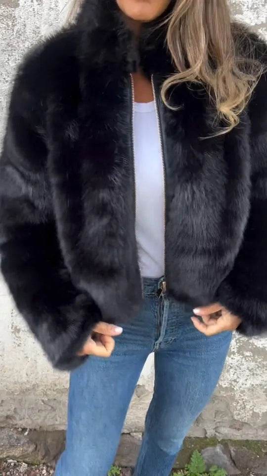 Fashion Stand Collar Plush Jacket Winter Casual Turtleneck Zipper Coat Fleece Tops Women's Clothing - Velora