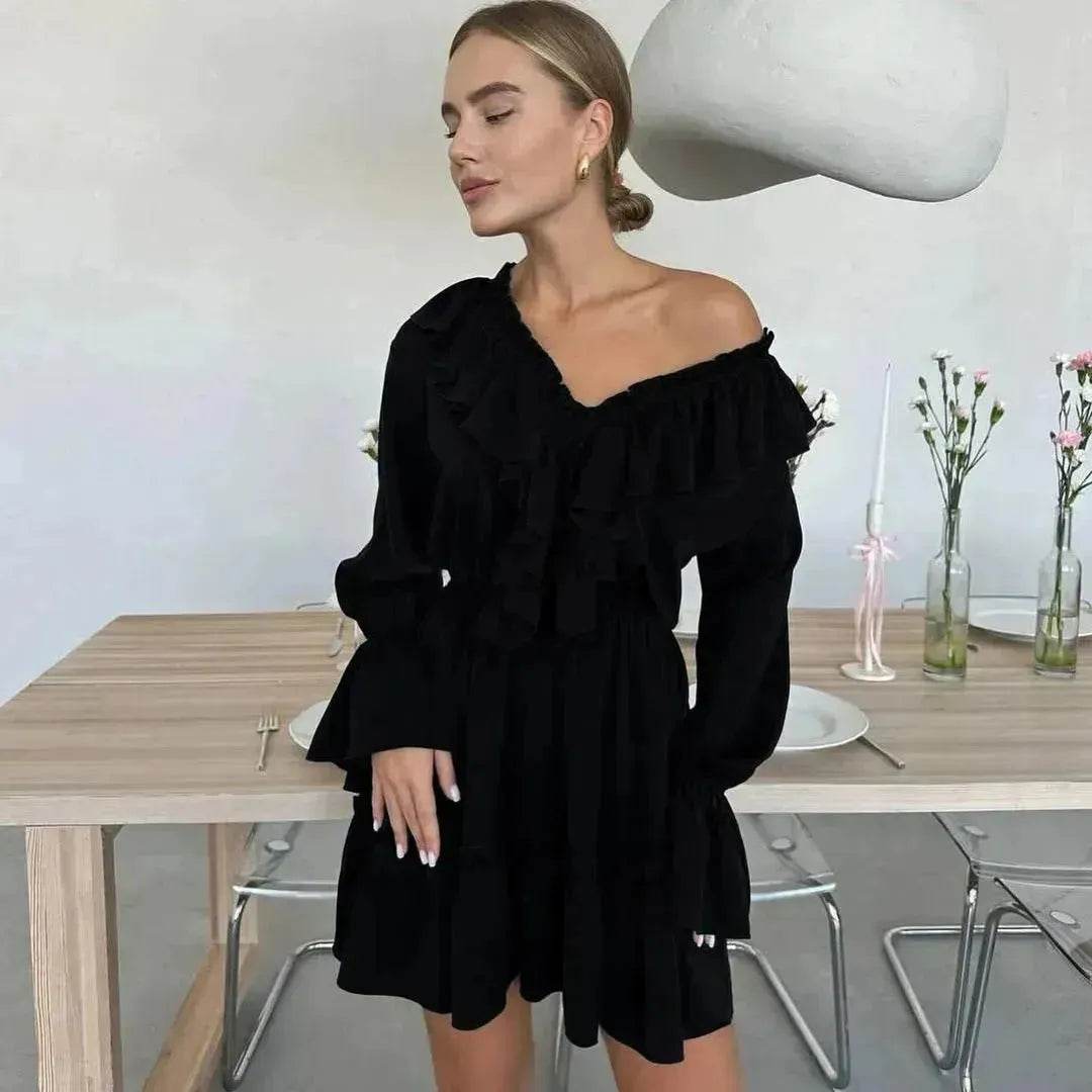 Casual Fashion V Neck Pleated Ruffle Long Sleeve Dress Y2K V Neck Flared Sleeve Short Mini Skater Dress Women's Clothing - Velora
