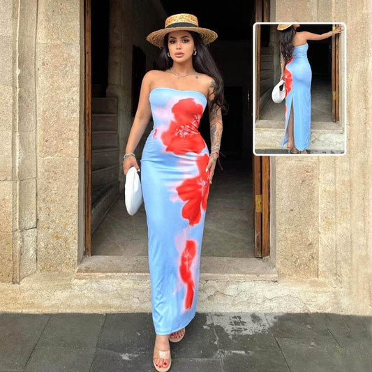 Slim Slit Tube Long Dress Summer Sexy Pint Party Beach Dresses Women's Clothing - Velora