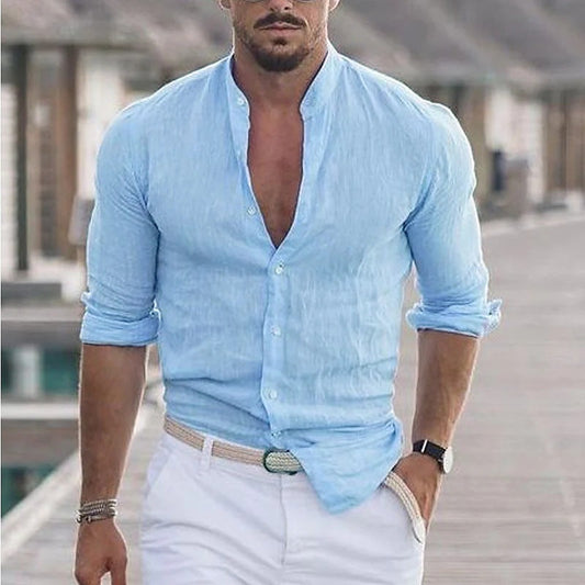 Men's Long Sleeve Shirt With Button Casual Solid Color Tops For Spring Autumn - Velora