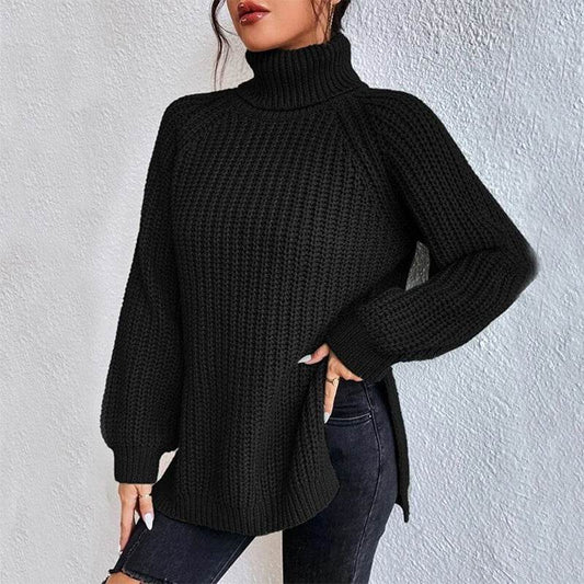Turtleneck Pullover Sweater With Split Design Fashion Simple Solid Color Long Sleeve Tops Women's Clothing - Velora