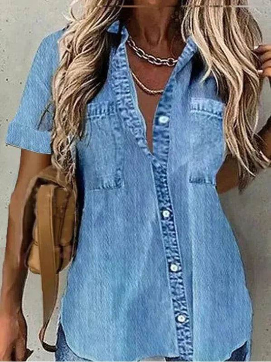 Best Women Loose Denim-like Printed Short-sleeved Shirt Jeans Denim Shirt dress Denim Top dress - Velora