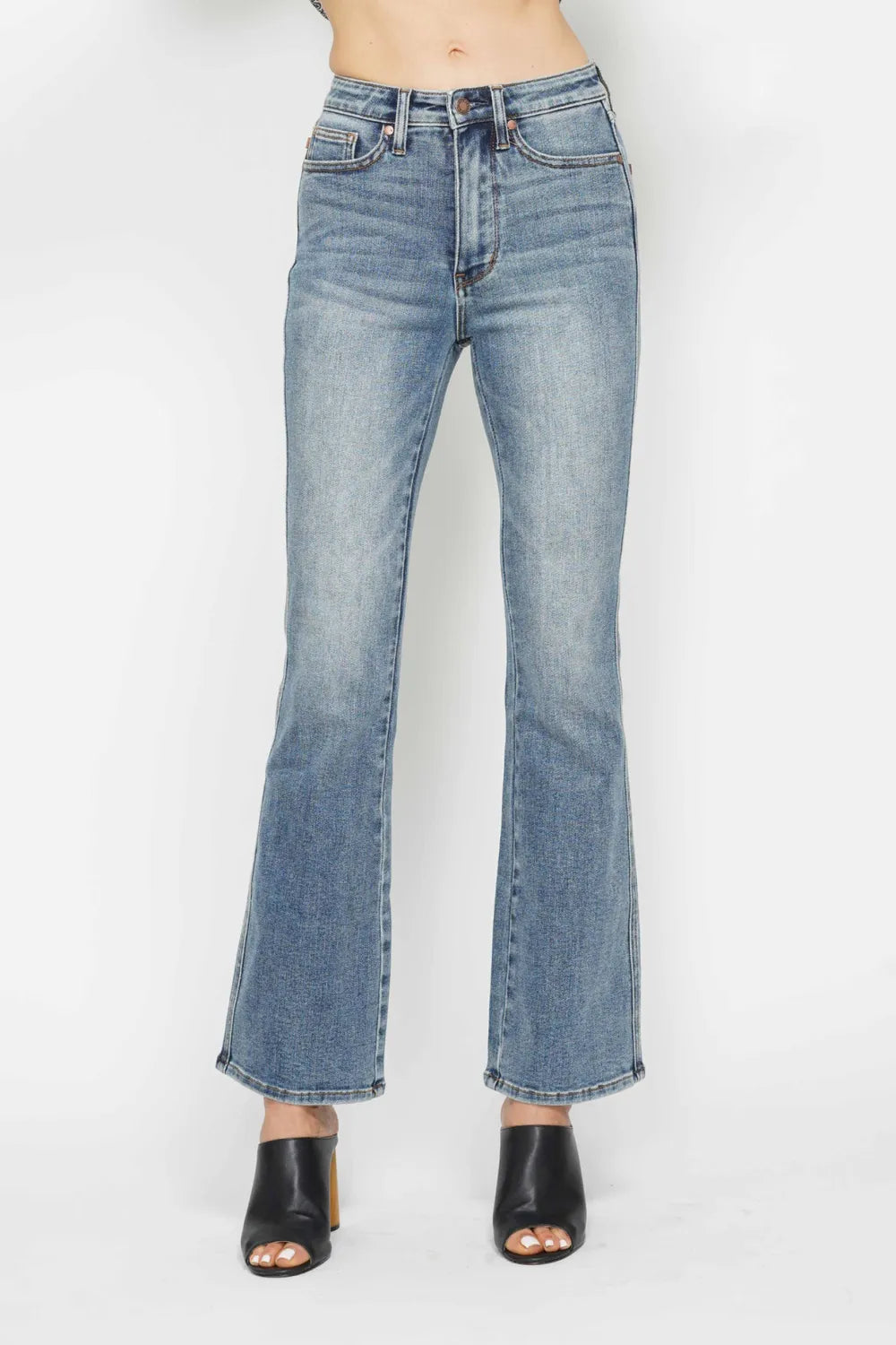 Judy Blue Full Size Tummy Control Back Embroidered Pocketed Bootcut Jeans Plus Size - Velora
