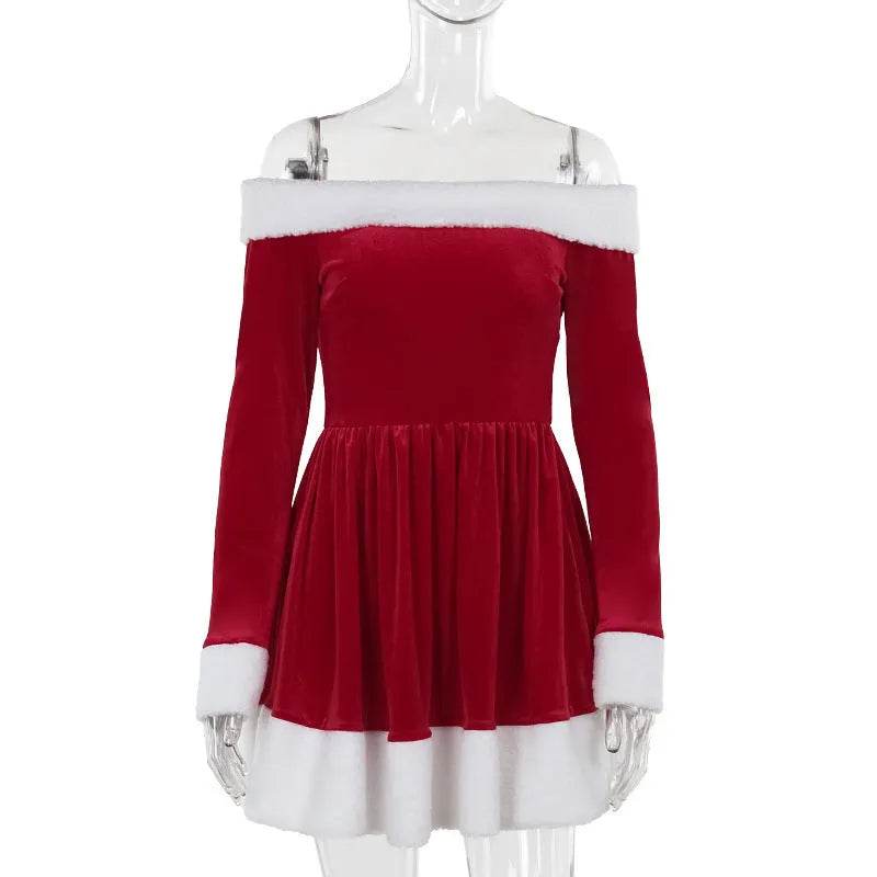 Women's Christmas Costume Santa Dress Plush Trim Boat-Neck Off-Shoulder Sleeve Dress New Year Party Cosplay Costume - Velora