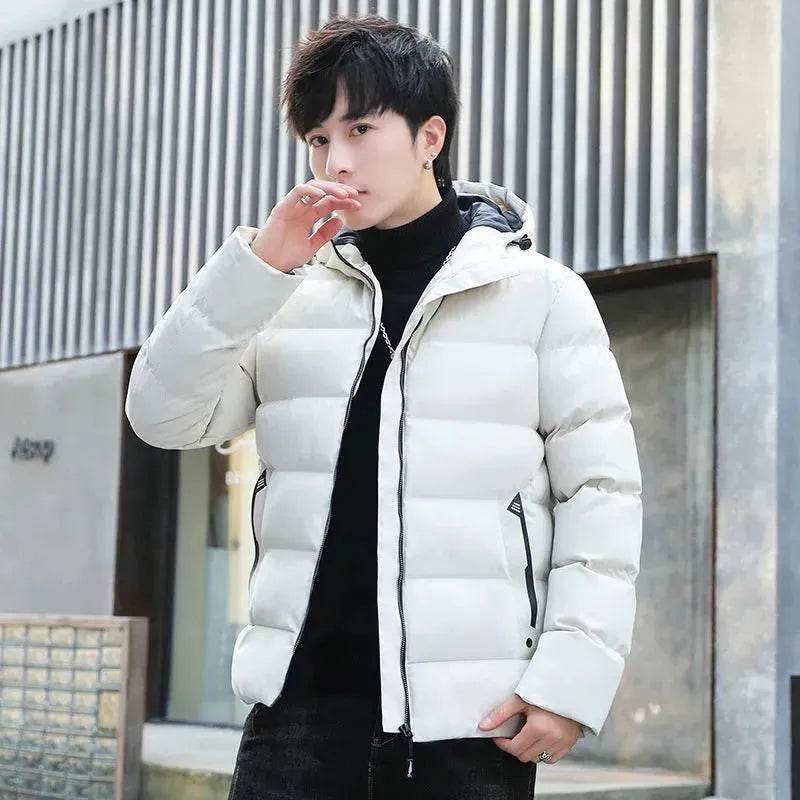 Men's Hooded Short Rain Puffer Jacket Fleece-lined Cotton Padded coat