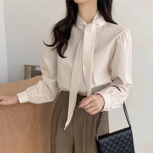 Spring New Gentle Lace-up Bow Tie Design Puff Sleeve Solid Color Shirt For Women - Velora