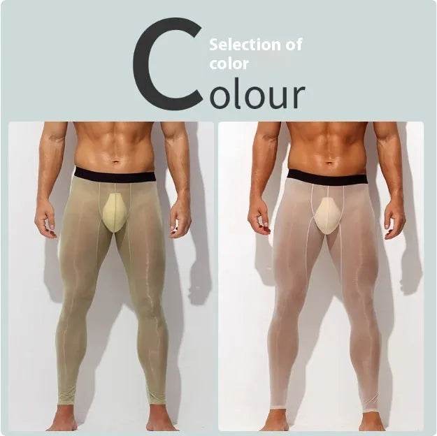 Men's Ultra thin Ice Silk Long John Skinny Flesh Nude Reflective Slim Leggings