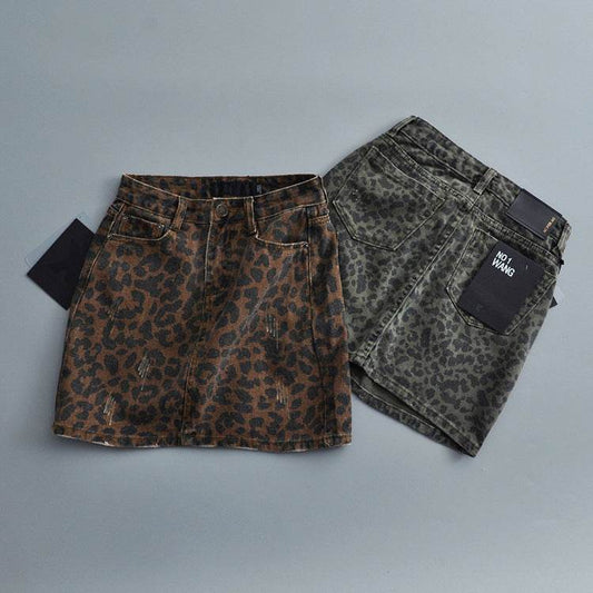 Leopard Print Mini Denim Skirt Women's High Waist Pencil Skirt - Velora