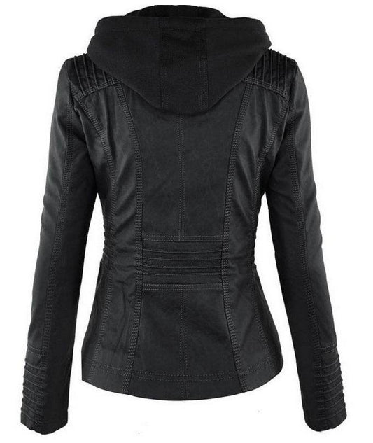 Fashion Detachable Hooded Jacket With Pockets Casual Solid Color Zipper Long Sleeve Leather Coat Autumn Winter Women's Clothing - Velora