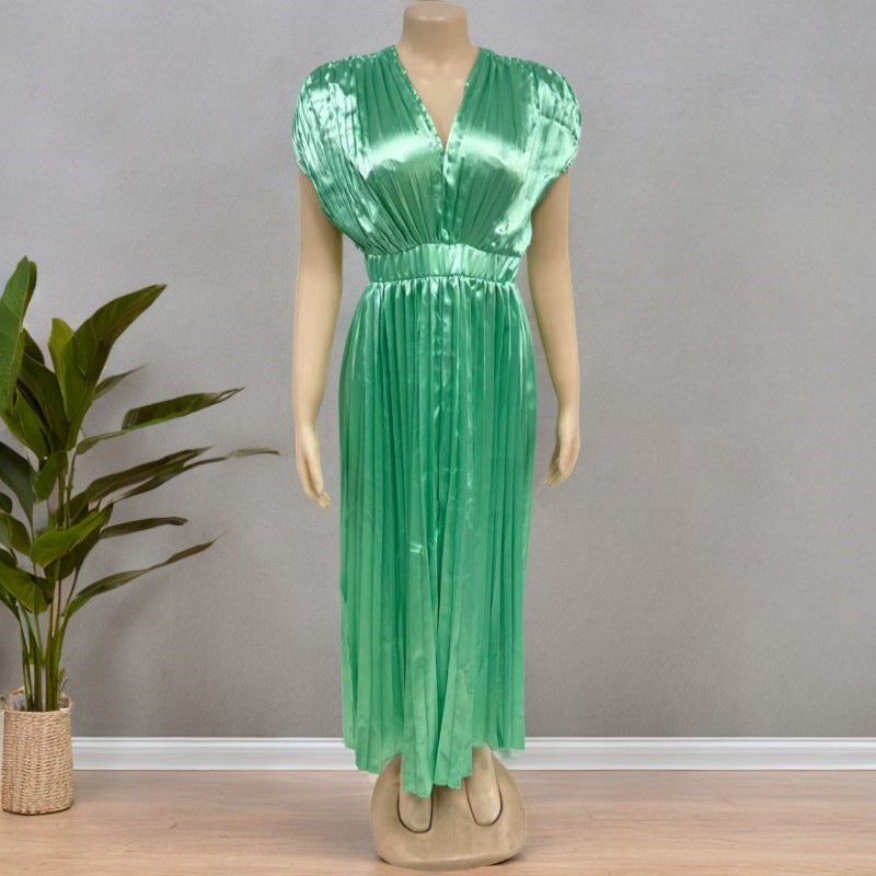 Women's V-Neck Pleated Midi Dress – Sleeveless Zip Casual Summer Dress