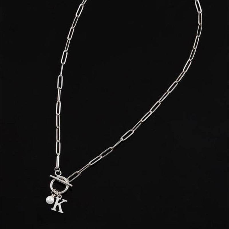 European And American 26 English Letter Necklace Stainless Steel Clip Chain Imitation Pearl Pendant For Women And Men - Velora