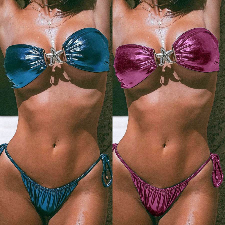 Tube Top Split Bikini Blue Glossy Gold Starfish Female - Velora