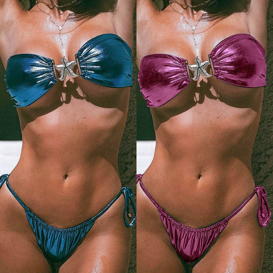 Tube Top Split Bikini Blue Glossy Gold Starfish Female - Velora