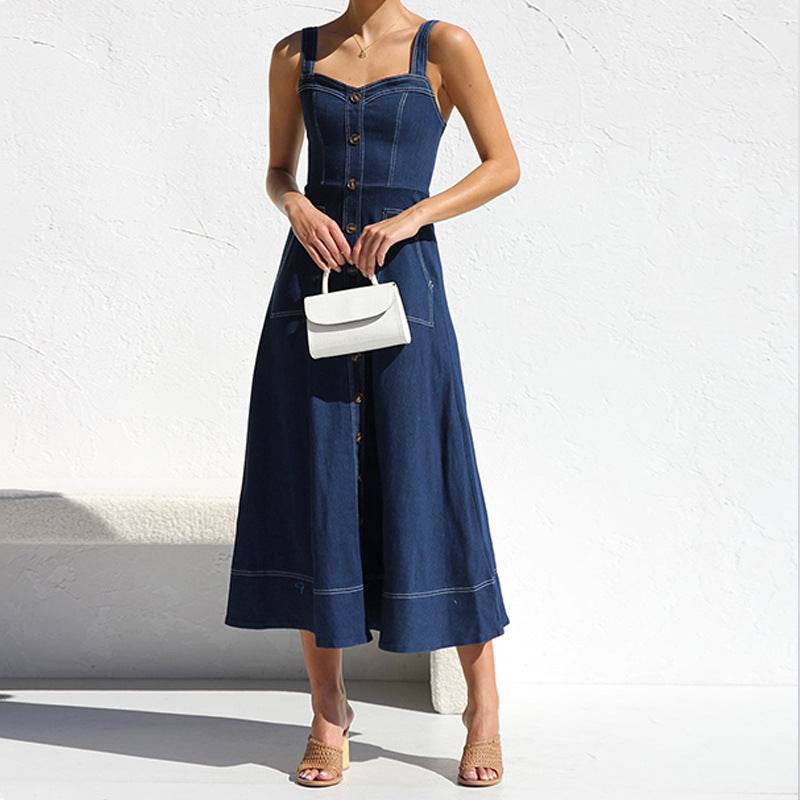 Women Sleeveless Sling Distressed Casual Style Button Denim Long Dress