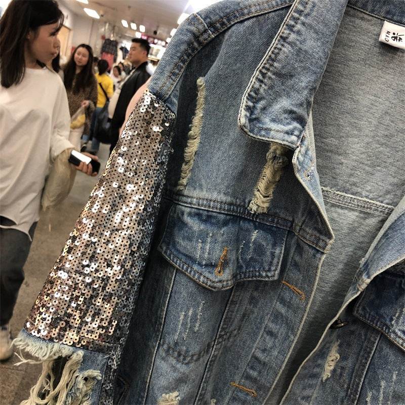 Street Fashion Heavy Industry lose Ripped Sequined Sleeve Denim Jacket Women - Velora