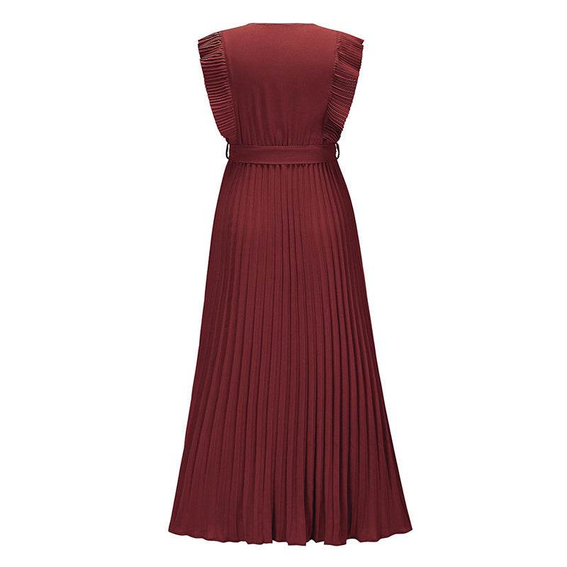 Maxi Dresses For Women - Elegant V Neck Ruffled Sleeves Empire Waist Pleated Flowy Dress - Velora