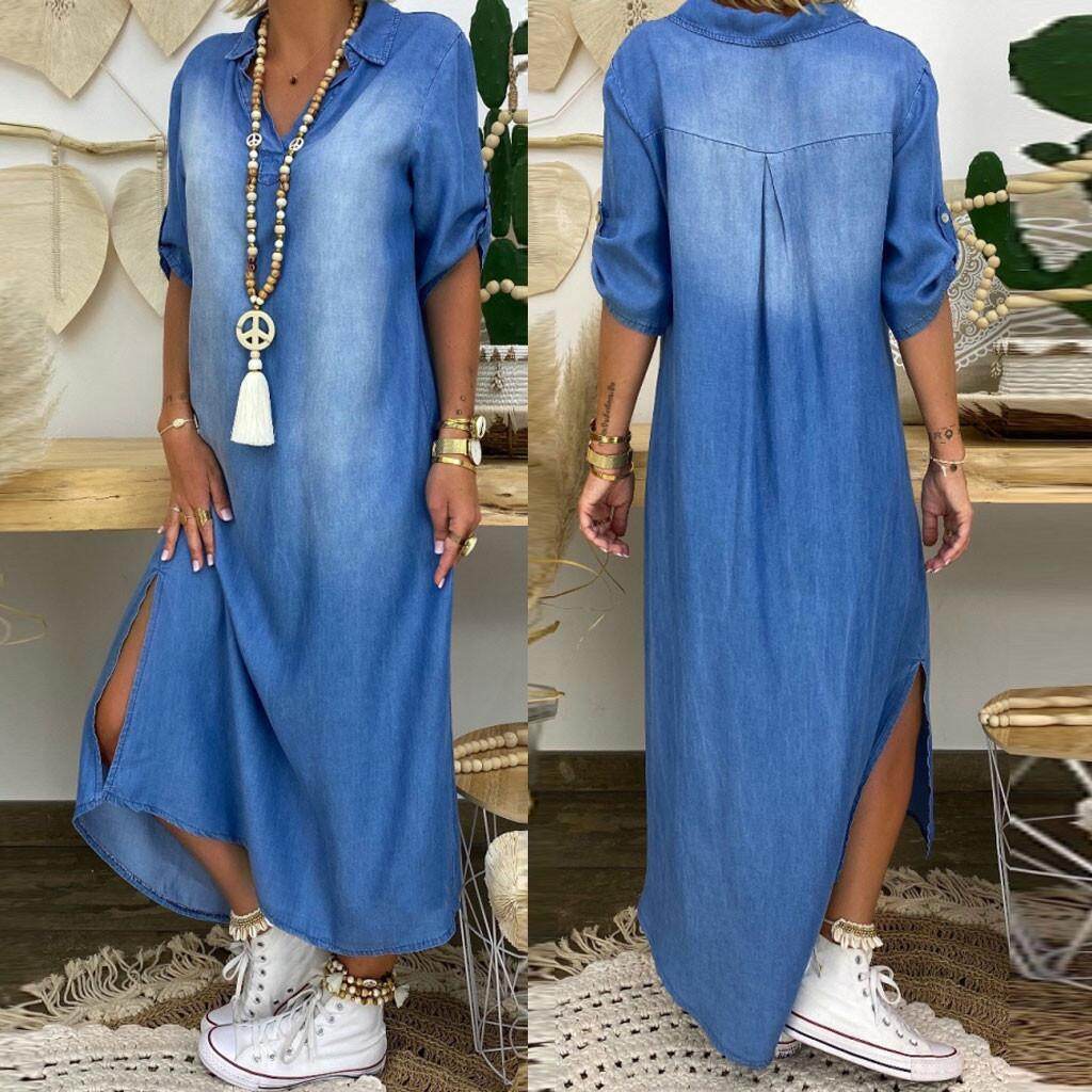 New washed denim dress Side Split Loose Mum Long Jeans Dress - Velora