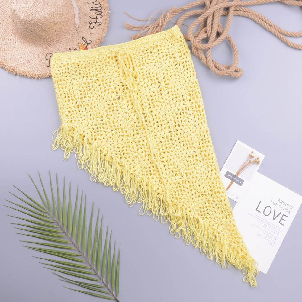 European And American Women's See Through Hollow Knitted tassel fringe Slant Beach Skirt - Velora