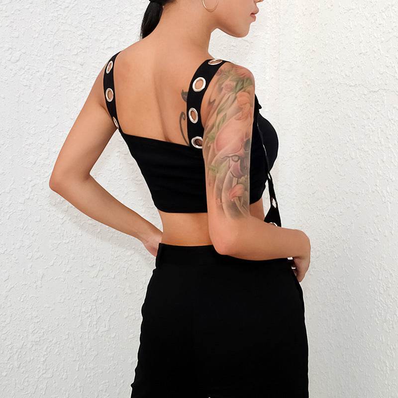 Summer Spring Black Tank Top Women Sleeveless Cropped Tops Hollow Bustier Top Streetwear - Velora