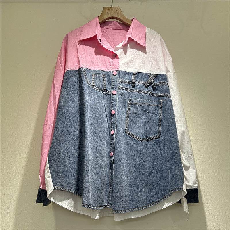 High-grade Contrast Color Patchwork Cotton Denim Long Sleeve Loose Shirt Women - Velora